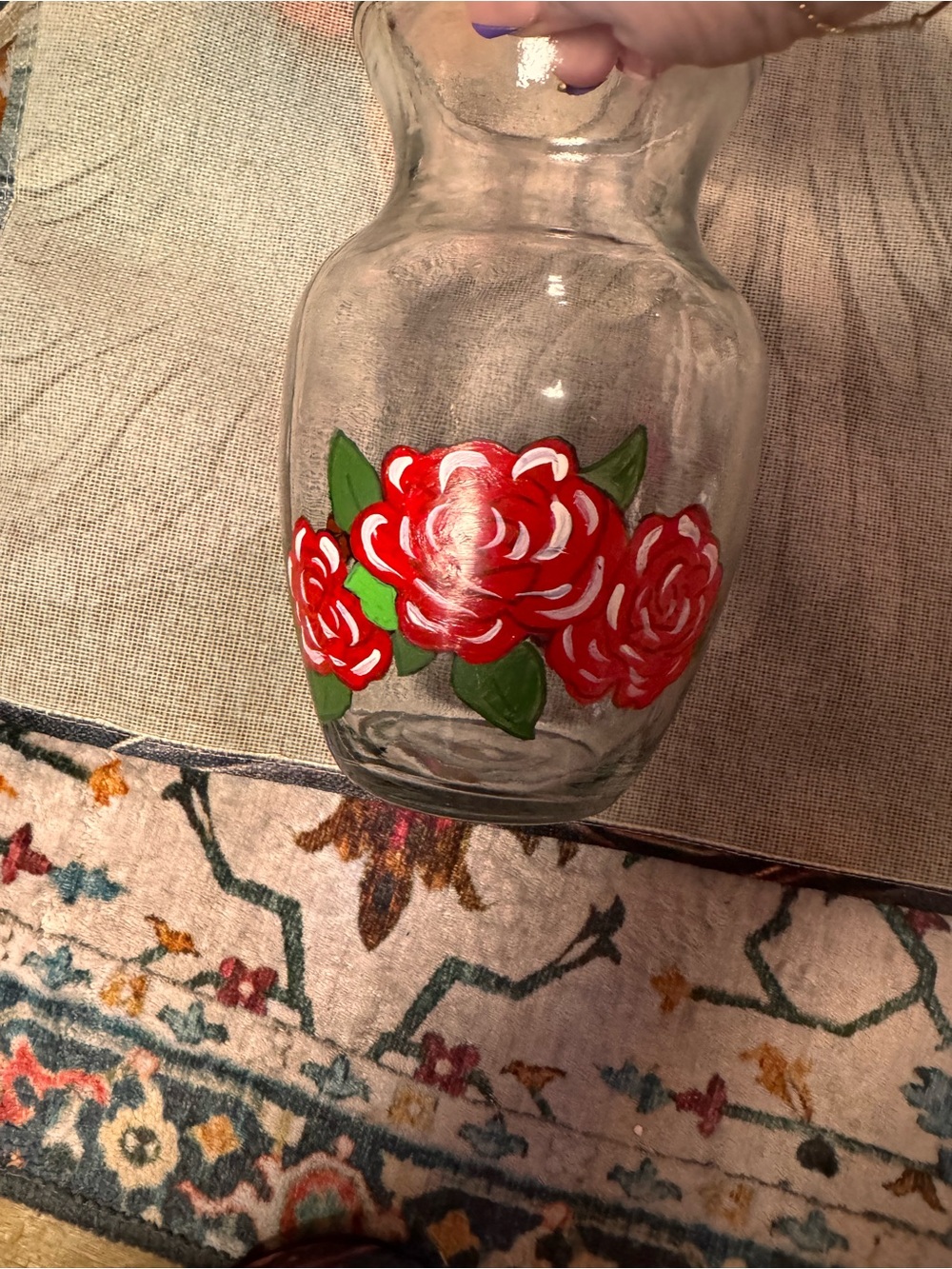 Hand-Painted Red Rose Glass Vase - Home Accents
